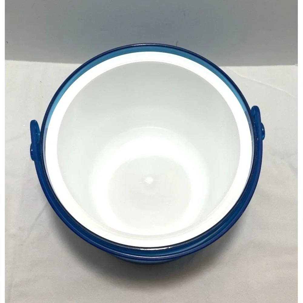 Vintage Sally Designs Blue Ribbed Lucite Ice Bucket w/ Lid Liner